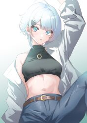 Rule 34 | 1girl, ahoge, aizawa kazuha, aqua background, arm behind back, arm up, assault lily, belt, belt buckle, black shirt, blue eyes, blue pants, blunt bangs, breasts, brown belt, buckle, commentary request, cowboy shot, crop top, gradient background, hair ornament, hairclip, highres, houji tea latte, invisible chair, jewelry, knee up, long sleeves, looking at viewer, medium breasts, midriff, navel, necklace, off shoulder, official alternate hair color, open clothes, open shirt, pants, parted lips, pendant, shirt, short hair, single bare shoulder, sitting, sleeveless, sleeveless shirt, solo, stomach, white background, white hair, white shirt