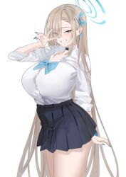 Rule 34 | 1girl, absurdres, asuna (blue archive), asymmetrical bangs, black skirt, blonde hair, blue archive, blue bow, blue bowtie, blue eyes, blue nails, blush, bow, bowtie, breasts, collared shirt, cowboy shot, dress shirt, fingernails, grin, gyaru, hair over one eye, halo, hand up, highres, large breasts, long bangs, long fingernails, long hair, long sleeves, looking at viewer, miniskirt, nail polish, pleated skirt, shirt, shirt tucked in, simple background, skirt, smile, solo, teeth, tnr (horiko1525), v, v over eye, very long hair, white background, white shirt