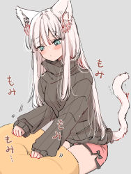 Rule 34 | 1girl, animal ear fluff, animal ears, black sweater, blue eyes, blush, cat ears, cat girl, cat tail, closed mouth, commentary request, grey background, hair between eyes, highres, kneading, long hair, long sleeves, looking away, looking down, mito (go!go!king!), original, pillow, pink shorts, puffy long sleeves, puffy sleeves, ribbed sweater, short shorts, shorts, simple background, sitting, sleeves past wrists, solo, sweater, tail, turtleneck, turtleneck sweater, very long hair, white hair