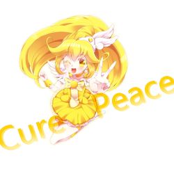 Rule 34 | 10s, 1girl, absurdres, bike shorts, bike shorts under skirt, blonde hair, boots, bow, character name, choker, colorized, cure peace, double v, dress, english text, full body, hair flaps, hair ornament, highres, kise yayoi, long hair, looking at viewer, magical girl, one eye closed, open mouth, precure, sakura hazuki, shorts, shorts under skirt, simple background, skirt, smile, smile precure!, solo, v, white background, wink, wrist cuffs, yellow bow, yellow dress, yellow eyes, yellow shorts, yellow skirt, yellow theme
