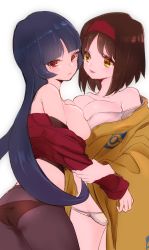 Rule 34 | 2girls, arm grab, ass, bare shoulders, black legwear, blush, breast press, breasts, butt crack, chorimokki, closed mouth, clothes down, commentary request, cowboy shot, creatures (company), embarrassed, erika (pokemon), from side, frown, game freak, groin, gym leader, hairband, highres, japanese clothes, large breasts, long hair, long sleeves, looking at another, looking to the side, multiple girls, nintendo, no bra, panties, panties under pantyhose, pantyhose, parted lips, pink lips, pokemon, pokemon frlg, purple eyes, red hairband, sabrina (pokemon), short hair, simple background, standing, thighs, underwear, undressing, v-shaped eyebrows, white background, white panties, yellow eyes, yuri