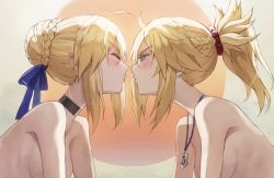 Rule 34 | 2girls, ahoge, artoria pendragon (all), artoria pendragon (fate), blonde hair, blue ribbon, blush, braid, breasts, closed eyes, crown braid, fate/apocrypha, fate/stay night, fate (series), french braid, green eyes, hair bun, hair ribbon, imminent kiss, incest, jewelry, long hair, medium breasts, mordred (fate), mordred (fate/apocrypha), mother and daughter, multiple girls, necklace, nude, parted bangs, ponytail, profile, puckered lips, ribbon, saber (fate), sidelocks, single hair bun, small breasts, tonee, upper body, yuri
