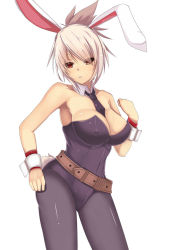 Rule 34 | 1girl, alternate costume, animal ears, arm at side, bad id, bad pixiv id, battle bunny riven, black pantyhose, breasts, cleavage, cosplay, covered erect nipples, eyes visible through hair, fake animal ears, hair up, large breasts, league of legends, leotard, looking at viewer, necktie, nipples, off shoulder, pantyhose, parted lips, playboy bunny, rabbit ears, rabbit tail, red eyes, riven (league of legends), sideboob, solo, tail, vococo, white hair