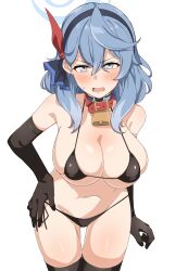 Rule 34 | 1girl, absurdres, ako (blue archive), bell, bikini, black bikini, black gloves, black hairband, black thighhighs, blue archive, blue eyes, blue hair, blush, breasts, collar, cowbell, earrings, elbow gloves, gloves, hairband, halo, highres, jewelry, large breasts, looking at viewer, red collar, seihekiog, side-tie bikini bottom, solo, stud earrings, sweater, swimsuit, thighhighs