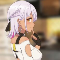 Rule 34 | 1girl, arm cutout, back cutout, blush, braid, breasts, carole pepper, closed mouth, clothing cutout, commentary request, earrings, eyelashes, finger to mouth, fingerless gloves, fukuro daizi, gloves, hair behind ear, hair ornament, hair ribbon, hand up, honkai (series), honkai impact 3rd, jewelry, looking at viewer, looking to the side, medium hair, multicolored hair, pink hair, ribbon, silver hair, smile, solo, streaked hair, yellow eyes