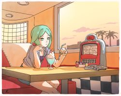 Rule 34 | 1other, alternate costume, androgynous, booth seating, cherry, contemporary, couch, diner, drinking straw, food, fruit, green eyes, green hair, houseki no kuni, indoors, milkshake, mydeerwitch, phosphophyllite, short hair, sitting, solo, table, window