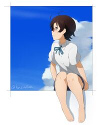 1girl absurdres bare_legs barefoot blue_sky brown_eyes brown_hair cloud glasses highres k-on! kicchi_(tmgk) looking_to_the_side manabe_nodoka outside_border sakuragaoka_high_school_uniform school_uniform short_hair signature sitting sky smile wind