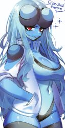 Rule 34 | blue hair, blue skin, bored, breasts, cleavage, colored skin, creatures (company), frog girl, furry, furry female, game freak, gen 5 pokemon, hand in pocket, high collar, jacket, large breasts, long hair, looking at viewer, navel, nintendo, pokemon, pokemon (creature), red eyes, seismitoad, thick thighs, thighhighs, thighs, togetoge, wide hips, zettai ryouiki