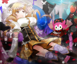 Rule 34 | 10s, 1girl, arm above head, beret, blonde hair, boots, breasts, charlotte (madoka magica), detached sleeves, drill hair, fingerless gloves, food, fruit, g-tea, gloves, hat, large breasts, magical girl, mahou shoujo madoka magica, mahou shoujo madoka magica (anime), pleated skirt, puffy sleeves, skirt, strawberry, thighhighs, tomoe mami, witch&#039;s labyrinth, yellow eyes, zettai ryouiki