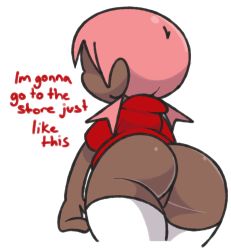 Rule 34 | 1girl, animal crossing, ass, cowboy shot, cropped legs, dark-skinned female, dark skin, english text, female focus, from behind, medium hair, nintendo, pink hair, red shirt, shiny skin, shirt, short sleeves, simple background, solo, standing, talking, thighhighs, twintails, vilepluff, villager (animal crossing), white background, white thighhighs