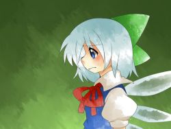 Rule 34 | 1girl, bad id, bad pixiv id, blouse, blue eyes, blue hair, blush, bow, cirno, collared shirt, dress, from side, green background, hair bow, hair ornament, hair ribbon, hammer (sunset beach), matching hair/eyes, pinafore dress, ribbon, shirt, short hair, sleeveless dress, solo, touhou, white shirt, wings