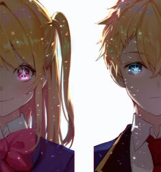 Rule 34 | 1boy, 1girl, blonde hair, blue eyes, blue jacket, bow, bowtie, brother and sister, chromatic aberration, closed mouth, collared shirt, commentary, expressionless, hair between eyes, hoshino aquamarine, hoshino ruby, jacket, light particles, long hair, looking at viewer, necktie, one side up, oshi no ko, oto1 030, pink bow, pink bowtie, pink eyes, red necktie, school uniform, shirt, short hair, siblings, sidelocks, simple background, smile, star-shaped pupils, star (symbol), symbol-shaped pupils, twins, upper body, white background, white shirt, youtou high school uniform