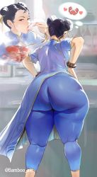 Rule 34 | 1girl, ?, absurdres, artist name, ass, bambooale, black hair, brown eyes, capcom, chinese clothes, chun-li, crab, curvy, double bun, eating, from behind, hands on own hips, heart, highres, huge ass, pants, plump, short sleeves, solo, street fighter, street fighter 6, thick thighs, thighs, tight clothes, tight pants, wide hips
