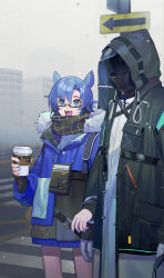 Rule 34 | 1boy, 1girl, :d, absurdres, animal ears, arknights, black coat, black scarf, blue eyes, blue hair, blue jacket, blue nails, building, chinese commentary, coat, commentary request, crosswalk, cup, disposable cup, doctor (arknights), fang (arknights), fang (cruciata) (arknights), fingernails, fog, fur-trimmed jacket, fur trim, gloves, grey gloves, highres, holding, holding cup, hood, hood up, hooded coat, horse ears, horse girl, jacket, layered sleeves, locked arms, long sleeves, looking at viewer, male doctor (arknights), nail polish, official alternate costume, open mouth, outdoors, rectangular eyewear, road, scarf, semi-rimless eyewear, short hair, smile, teeth, tongue, tugay, upper teeth only