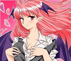 Rule 34 | 1girl, bat wings, blush, breasts, cleavage, collarbone, commentary request, dress shirt, eyelashes, head wings, heart, koakuma, koro (tyunnkoro0902), large breasts, long hair, long sleeves, looking at viewer, looking to the side, outline, pink background, pointy ears, red eyes, red hair, shirt, simple background, smile, solo, touhou, undressing, vest, white shirt, wings