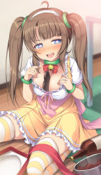 Rule 34 | 1girl, ahoge, bell, between breasts, blue eyes, blunt bangs, blurry, blurry background, blush, bottle, bracelet, breasts, brown hair, candy, chocolate, chocolate heart, collarbone, dress, food, food between breasts, frilled dress, frills, green neckwear, hair intakes, hair ornament, hand on own breast, hand on own chest, heart, heart-shaped pupils, highres, indoors, jewelry, jingle bell, kageira, large breasts, lips, long hair, looking at viewer, minori (senran kagura), mixing bowl, naughty face, neck bell, neck ring, nose blush, open box, open mouth, pink ribbon, red ribbon, ribbon, ring, ring hair ornament, round teeth, senran kagura, short sleeves, sidelocks, sitting, smile, spread legs, striped clothes, striped thighhighs, symbol-shaped pupils, table, tarame, teeth, thighhighs, thighs, tongue, twintails, two-tone legwear, underbust, white sleeves, white thighhighs, wooden floor, yellow dress, yellow thighhighs, zettai ryouiki