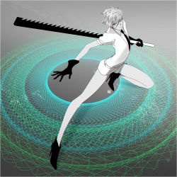 Rule 34 | androgynous, antarcticite, full body, gem uniform (houseki no kuni), gender request, gloves, grey eyes, high heels, holding, holding sword, holding weapon, houseki no kuni, necktie, pale skin, puffy short sleeves, puffy sleeves, sapon, saw, saw cleaver, short hair, short sleeves, shorts, silver hair, solo, sword, weapon