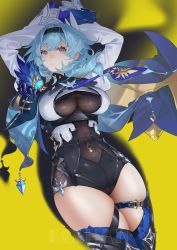 Rule 34 | 1girl, absurdres, arms up, artist name, black leotard, black thighhighs, blue cape, blue gloves, blue hair, breasts, cape, commentary request, cowboy shot, eula (genshin impact), genshin impact, gloves, hairband, highres, koi han, large breasts, leotard, long hair, long sleeves, looking at viewer, lying, on back, parted lips, solo, thick thighs, thighhighs, thighs, vision (genshin impact), yellow background