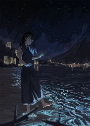 Rule 34 | 1girl, agas (vpwt7475), bad id, bad pixiv id, barefoot, beach, black hair, city, city lights, commentary, looking down, mountain, night, night sky, original, reflection, scenery, sky, solo