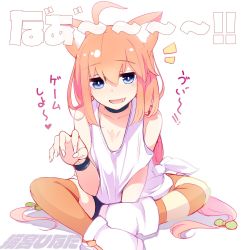 Rule 34 | 1girl, :d, ahoge, akitsuchi shien, animal ear fluff, animal ears, asymmetrical legwear, bad id, bad twitter id, blue eyes, bow, cat ears, character name, fang, green bow, hair between eyes, hair bow, hand up, heart, highres, hinata channel, indian style, jitome, long hair, looking at viewer, loose clothes, loose shirt, low twintails, mismatched legwear, nekomiya hinata, open mouth, orange hair, shirt, sidelocks, sitting, smile, solo, striped clothes, striped thighhighs, tank top, thighhighs, tied shirt, twintails, very long hair, virtual youtuber, white shirt