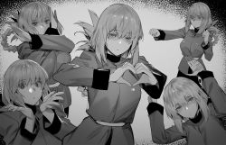 Rule 34 | 1girl, braid, clenched hands, closed mouth, fate/grand order, fate (series), florence nightingale (fate), greyscale, hands up, heart, heart hands, highres, hxd, long hair, long sleeves, looking at viewer, monochrome, multiple views, narrowed eyes