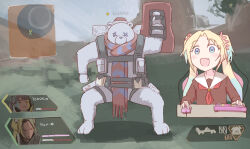 2girls :d apex_legends blonde_hair blue_eyes blue_hair blue_scarf blush brown_dress brown_hair character_request commentary computer_keyboard cosplay dress fake_screenshot fang flower fujishima_megumi full_body gradient_hair hair_flower hair_ornament hasu_no_sora_school_uniform heads-up_display holding_computer_keyboard holding_computer_mouse lao_ren_xing legs_apart light_blue_hair link!_like!_love_live! long_hair long_sleeves love_live! minimap multicolored_hair multiple_girls neckerchief open_mouth osawa_rurino parted_bangs pink_flower playing_games red_neckerchief red_scarf sailor_collar sailor_dress scarf school_uniform smile twintails two-tone_scarf two_side_up user_interface virtual_youtuber white_sailor_collar winter_uniform