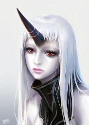 Rule 34 | 10s, 1girl, abyssal ship, artist name, bad id, bad pixiv id, bare shoulders, closed mouth, colored skin, dated, highres, horns, kantai collection, long hair, looking at viewer, pale skin, pink lips, portrait, puuzaki puuna, red eyes, seaport princess, single horn, solo, white hair, white skin
