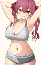 Rule 34 | 1girl, :q, alternate costume, armpits, arms behind head, arms up, blush, breasts, cleavage, closed mouth, collarbone, commentary request, cowboy shot, doskoiichiban, grey panties, grey sports bra, hair between eyes, hair ornament, highres, hololive, houshou marine, large breasts, looking at viewer, midriff, navel, panties, red eyes, red hair, simple background, solo, sports bra, stomach, sweat, tongue, tongue out, twintails, underwear, virtual youtuber, white background, yellow eyes
