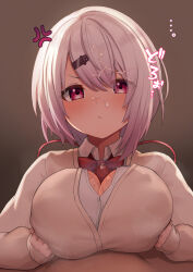 Rule 34 | 1boy, 1girl, after ejaculation, anger vein, asymmetrical hair, blush, breasts, breasts squeezed together, cleavage, cum, emor18 shikeko, facial, frown, highres, large breasts, long sleeves, looking at viewer, nijisanji, paizuri, paizuri under clothes, penis, red eyes, school uniform, shiina yuika, shiina yuika (1st costume), short hair, upper body, virtual youtuber, white hair