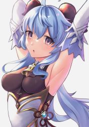 Rule 34 | 1girl, :o, absurdres, ahoge, armpits, arms up, bell, blue hair, bodysuit, breasts, chinese clothes, cowbell, curled horns, detached sleeves, flower knot, from side, ganyu (genshin impact), genshin impact, hair between eyes, highres, horns, jewelry, long hair, looking at viewer, looking to the side, medium breasts, multicolored bodysuit, multicolored clothes, multicolored eyes, parted lips, rengkong, sideboob, sidelocks, sleeveless, solo, upper body, white background