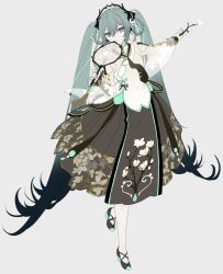 Rule 34 | 1girl, aqua eyes, aqua hair, bad id, bad pixiv id, black hair, black headwear, black necktie, brown skirt, chinese clothes, commentary request, eyelashes, floral print, flower request, full body, gradient hair, grey background, hand fan, hands up, hatsune miku, highres, holding, holding fan, liita (dusk snow), long hair, looking at viewer, multicolored hair, necktie, see-through, see-through sleeves, sidelocks, simple background, skirt, smile, solo, tagme, twintails, very long hair, vocaloid