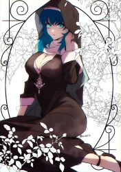 Rule 34 | 1girl, alternate costume, black dress, blue eyes, blue hair, breasts, byleth (female) (fire emblem), byleth (fire emblem), cleavage, commentary request, dress, fire emblem, fire emblem: three houses, habit, halloween, halloween costume, highres, large breasts, long hair, long sleeves, mocha (motiko0419), nintendo, nun, sitting, solo, twitter username, white background