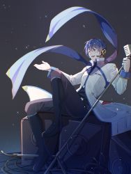 Rule 34 | 1boy, belt, blue eyes, blue hair, blue pants, blue scarf, boots, coat, commentary, highres, holding, holding microphone stand, kaito (vocaloid), kaito (vocaloid3), knee boots, leaning back, makino sheep, male focus, microphone, microphone stand, open mouth, outstretched arm, pants, scarf, see-through, sitting, smile, solo, speaker, vocaloid, white coat