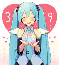 Rule 34 | 1girl, 39, aqua hair, bare shoulders, blush, closed eyes, commentary, detached sleeves, hair between eyes, hair ornament, hatsune miku, headset, heart, heart background, heart on chest, holding, long hair, necktie, nokuhashi, smile, solo, standing, translated, upper body, vocaloid, wings