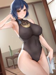 Rule 34 | 1girl, absurdres, armpits, bare shoulders, blue hair, bodystocking, bottle, breast curtain, breasts, cameltoe, closed mouth, unworn clothes, commentary, covered erect nipples, cowboy shot, dutch angle, genshin impact, hand up, highres, indoors, kujou sara, large breasts, looking at viewer, shikube, solo, sweat, table, yellow eyes