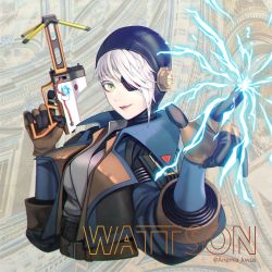 Rule 34 | 1girl, anemia kwus, animification, apex legends, black jacket, breasts, brown gloves, character name, deep current wattson, electricity, energy reader (apex legends), gloves, grey shirt, highres, holding, jacket, medium breasts, one eye covered, pointing, shirt, silver hair, smile, solo, twitter username, upper body, wattson (apex legends), yellow eyes