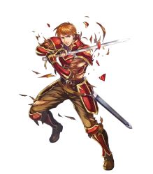 Rule 34 | 1boy, arm guards, armor, boots, broken armor, brown eyes, brown footwear, brown hair, brown pants, fingerless gloves, fire emblem, fire emblem: the blazing blade, fire emblem heroes, gloves, highres, holding, holding sword, holding weapon, kent (fire emblem), knee boots, long sleeves, male focus, nintendo, non-web source, official art, pants, red armor, short hair, shoulder armor, solo, sword, takaya tomohide, torn clothes, transparent background, turtleneck, weapon