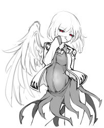 Rule 34 | 1girl, contrapposto, covering own mouth, dress, greyscale, hand over own mouth, highres, kishin sagume, looking at viewer, microdress, monochrome, raptor7, red eyes, single wing, solo, spot color, standing, touhou, wings