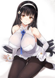 Rule 34 | 1girl, asymmetrical gloves, bare shoulders, black hair, black pantyhose, blush, breasts, brown eyes, cameltoe, clothes lift, crotch seam, elbow gloves, fingerless gloves, flower, girls&#039; frontline, gloves, hair flower, hair ornament, hairband, large breasts, lifting own clothes, long hair, looking at viewer, miniskirt, neneru, no panties, pantyhose, shirt, simple background, single fingerless glove, skirt, skirt lift, sleeveless, smile, solo, thighband pantyhose, type 95 (girls&#039; frontline), uneven gloves, white gloves, white hairband, white shirt, white skirt