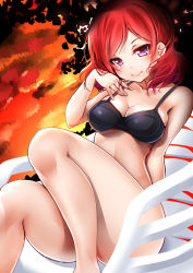 Rule 34 | 10s, 1girl, black bra, bra, breasts, looking at viewer, love live!, love live! school idol project, medium breasts, nishikino maki, purple eyes, red disappointment, red hair, short hair, smile, solo, underwear