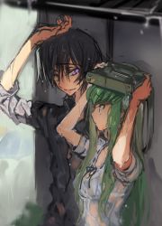 Rule 34 | 1boy, 1girl, arm up, arms up, artist name, black hair, black shirt, breasts, briefcase, bus stop, c.c., code geass, collarbone, collared shirt, covering head, creayus, eyebrows, hair between eyes, height difference, holding, improvised umbrella, lelouch vi britannia, outdoors, parted lips, profile, purple eyes, rain, ribbon-trimmed clothes, ribbon trim, school briefcase, see-through, shirt, short sleeves, sketch, smirk, twitter username, upper body, water, wet, wet clothes, wet shirt, white shirt, wing collar