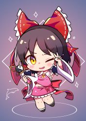 Rule 34 | 1girl, absurdres, ascot, black hair, blush, bow, chibi, cookie (touhou), frilled bow, frilled hair tubes, frilled shirt collar, frilled skirt, frills, full body, hair bow, hair tubes, hakurei reimu, highres, holding, holding wand, inabahitomi, looking at viewer, magical girl, medium hair, one eye closed, open mouth, pink shirt, pink skirt, red bow, sananana (cookie), sarashi, shirt, skirt, smile, solo, touhou, v, v-shaped eyebrows, wand, yellow ascot, yellow eyes, yin yang