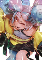 Rule 34 | 1girl, blue hair, bow-shaped hair, character hair ornament, creatures (company), game freak, grey pantyhose, hair ornament, hexagon print, highres, iono (pokemon), jacket, long hair, looking at viewer, magion02, multicolored hair, nintendo, one eye closed, open mouth, oversized clothes, pantyhose, pink eyes, pink hair, pokemon, pokemon sv, sharp teeth, shirt, single leg pantyhose, sleeveless, sleeveless shirt, sleeves past fingers, sleeves past wrists, smile, solo, teeth, two-tone hair, very long hair, yellow jacket