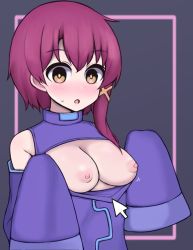 Rule 34 | 1girl, :o, asymmetrical hair, blush, breasts, breasts out, brown eyes, cleavage cutout, clothing cutout, cursor, detached sleeves, female focus, hair ornament, highres, iwakura lain, looking down, medium breasts, nipples, nuclear cake, pulling another&#039;s clothes, purple hair, serial experiments lain, sleeves past wrists, solo, sweatdrop, x hair ornament