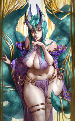 Rule 34 | 1girl, aleriia v, animal ear fluff, animal ears, aqua hair, bare shoulders, detached sleeves, finger to mouth, fox ears, halterneck, highres, horn ornament, horns, kitsune, kyuubi, loincloth, looking at viewer, multiple tails, nail polish, navel, original, see-through, solo, standing, tail, thick thighs, thigh strap, thighs, wide sleeves