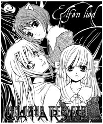 Rule 34 | 00s, 3girls, buttons, closed mouth, collar, collarbone, dress, elfen lied, expressionless, from behind, greyscale, head tilt, horns, kaede (character), long sleeves, looking at viewer, looking back, lucy (elfen lied), mariko (elfen lied), monochrome, multiple girls, nana (elfen lied), smile, upper body