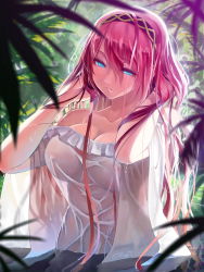 Rule 34 | 1girl, absurdres, blue eyes, blush, breasts, cleavage, hairband, half-closed eyes, highres, large breasts, leaf, long hair, megurine luka, okingjo, parted lips, pink hair, see-through silhouette, solo, vocaloid, wading, water, wet, wet clothes