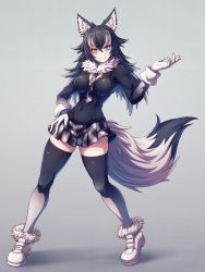 Rule 34 | 10s, 1girl, animal ears, black hair, blue eyes, breasts, contrapposto, covered navel, full body, fur collar, fur trim, gloves, gradient legwear, grey wolf (kemono friends), hair between eyes, hand on own hip, hand up, heterochromia, highres, kemono friends, large breasts, long hair, looking at viewer, multicolored clothes, multicolored hair, multicolored legwear, necktie, parted lips, plaid, plaid skirt, pleated skirt, poifuru, shadow, skindentation, skirt, smile, solo, standing, tail, thighhighs, two-tone hair, white gloves, white hair, wolf ears, wolf tail, yellow eyes