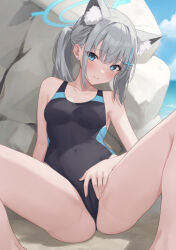 Rule 34 | 1girl, animal ear fluff, animal ears, bare shoulders, blue archive, blue eyes, blue halo, blue sky, cameltoe, cloud, collarbone, commentary request, competition swimsuit, covered navel, cross, cross hair ornament, day, ear piercing, extra ears, grey hair, hair ornament, halo, hand on own crotch, highleg, highleg swimsuit, inverted cross, jintanj1ntan, looking at viewer, mismatched pupils, multicolored clothes, multicolored swimsuit, official alternate costume, one-piece swimsuit, outdoors, paid reward available, piercing, shiroko (blue archive), shiroko (swimsuit) (blue archive), sitting, sky, solo, spread legs, swimsuit, wolf ears