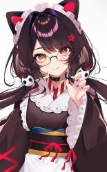 Rule 34 | 1girl, absurdres, animal ears, bespectacled, black collar, blue nails, brown hair, brown kimono, closed mouth, collar, fang, fingernails, flower, glasses, hair flower, hair ornament, hand up, heterochromia, highres, inui toko, japanese clothes, kimono, long hair, long sleeves, looking at viewer, low twintails, maid headdress, nail polish, nijisanji, obi, obiage, obijime, red eyes, red flower, red ribbon, ribbon, sash, smile, solo, swept bangs, twintails, upper body, virtual youtuber, wide sleeves, xiaoyu chiaki, yellow eyes